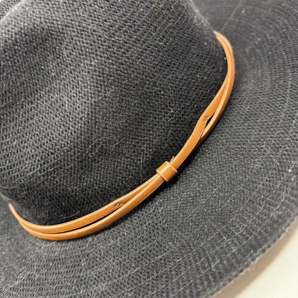 Anthropologie Black Fedora Hat One Size Brown‎ Faux Leather Band Cotton Mesh